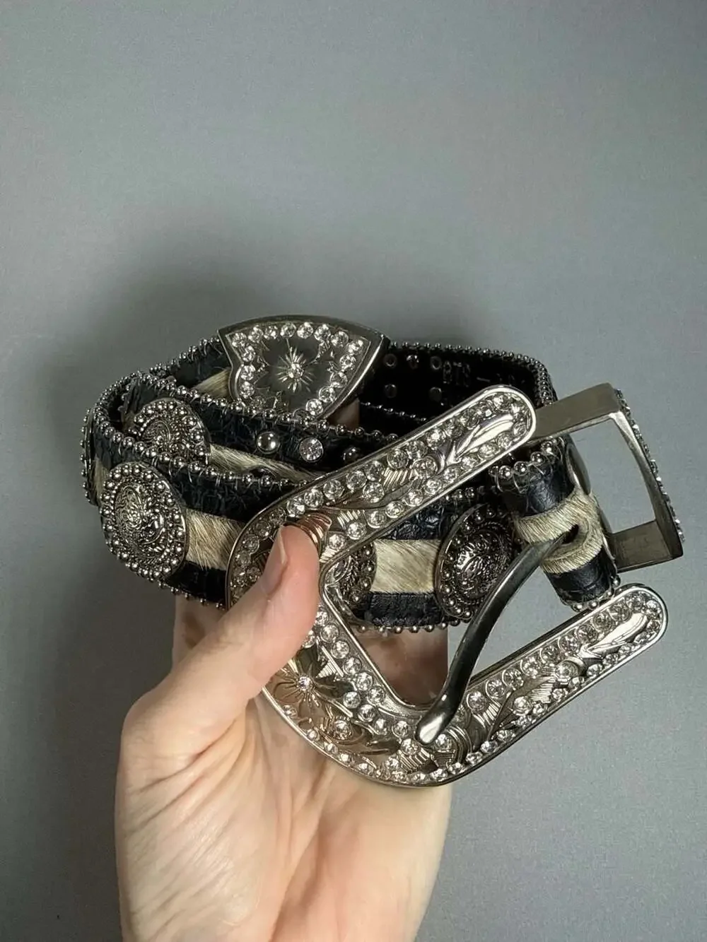 Western Y2K Cowhide Hair-On Rhinestone Concho Belt S/M Black Silver Cowgirl Glam